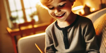 A joyful child using a tablet for an educational game at home, smiling and engaged in fun learning.