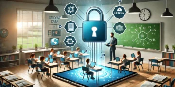 A classroom with a tablet displaying educational content. Emphasis on data privacy and security in EdTech tools like Gimkit. COPPA & FERPA compliance for students