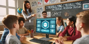 A teacher discussing cyberbullying prevention strategies with students while using Gimkit in a classroom, highlighting online safety and responsible digital citizenship. I'll generate an image for this.