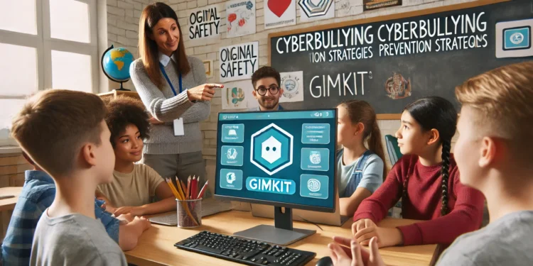 A teacher discussing cyberbullying prevention strategies with students while using Gimkit in a classroom, highlighting online safety and responsible digital citizenship. I'll generate an image for this.