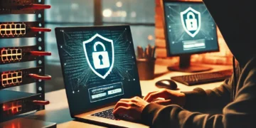 Person using laptop in a secure tech workspace with proxy server dashboard and digital shield icon symbolizing online privacy and data protection