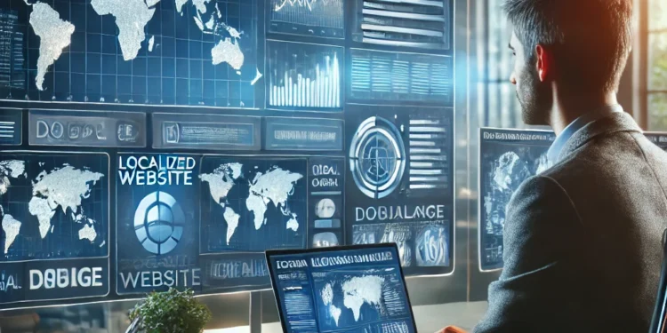 A modern high-tech office with multiple screens displaying different localized website versions, showing a marketer analyzing global data.