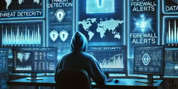 A cybersecurity expert in a high-tech office monitoring multiple screens displaying threat detection graphs, firewall alerts, and encryption symbols in a futuristic setting.