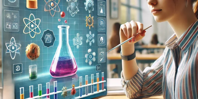 A student engaging in a virtual chemistry experiment using Gimkit on a laptop, with digital beakers and color-changing liquids on the screen