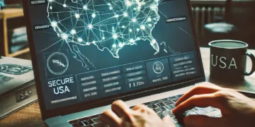 A person using a secure USA-based proxy server on a laptop, with an encrypted connection and a map of the United States highlighting digital nodes in a modern workspace