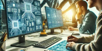 Modern hardware design process at Promwad, showcasing engineers working on advanced circuit boards and embedded systems development.