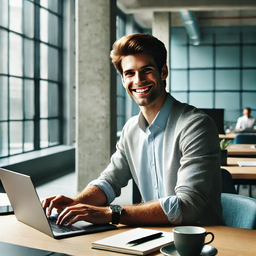 A professional employee working productively at a desk in a bright office, with a laptop, notepad, and coffee. The environment looks modern and relaxed.
