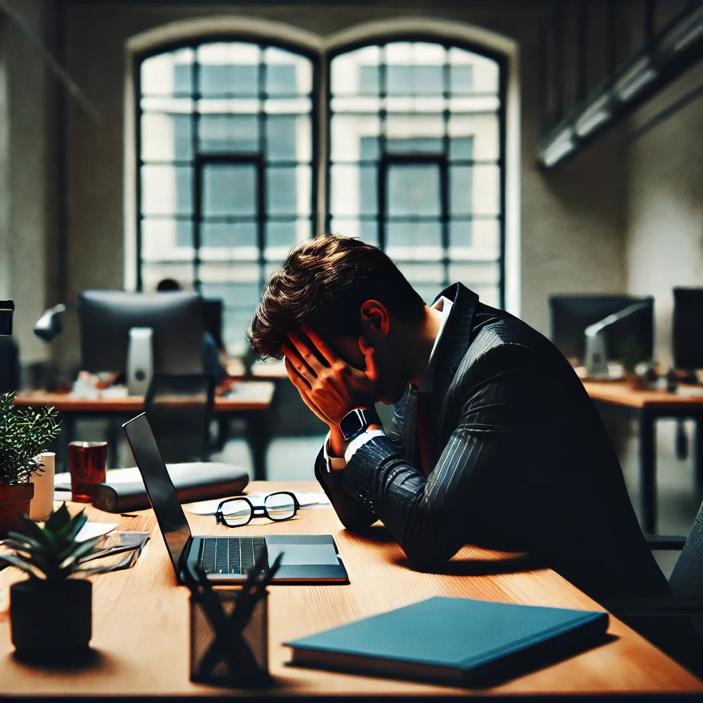 An exhausted employee sitting at their desk, overwhelmed with work, holding their head in their hands. A laptop and paperwork are scattered on the desk in a slightly dim office.