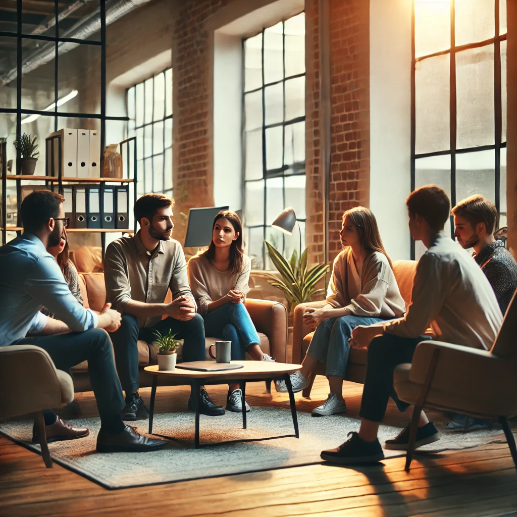 A small group of employees participating in a mental health support session led by a therapist in a comfortable and relaxed office setting.