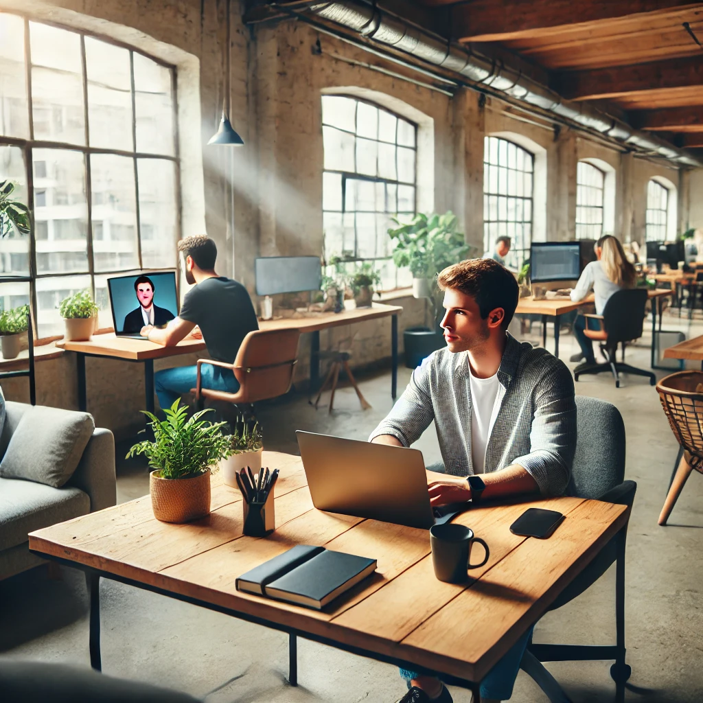 A modern startup office where employees work in various settings—some at desks, others in lounge areas, and one attending a remote meeting via laptop.