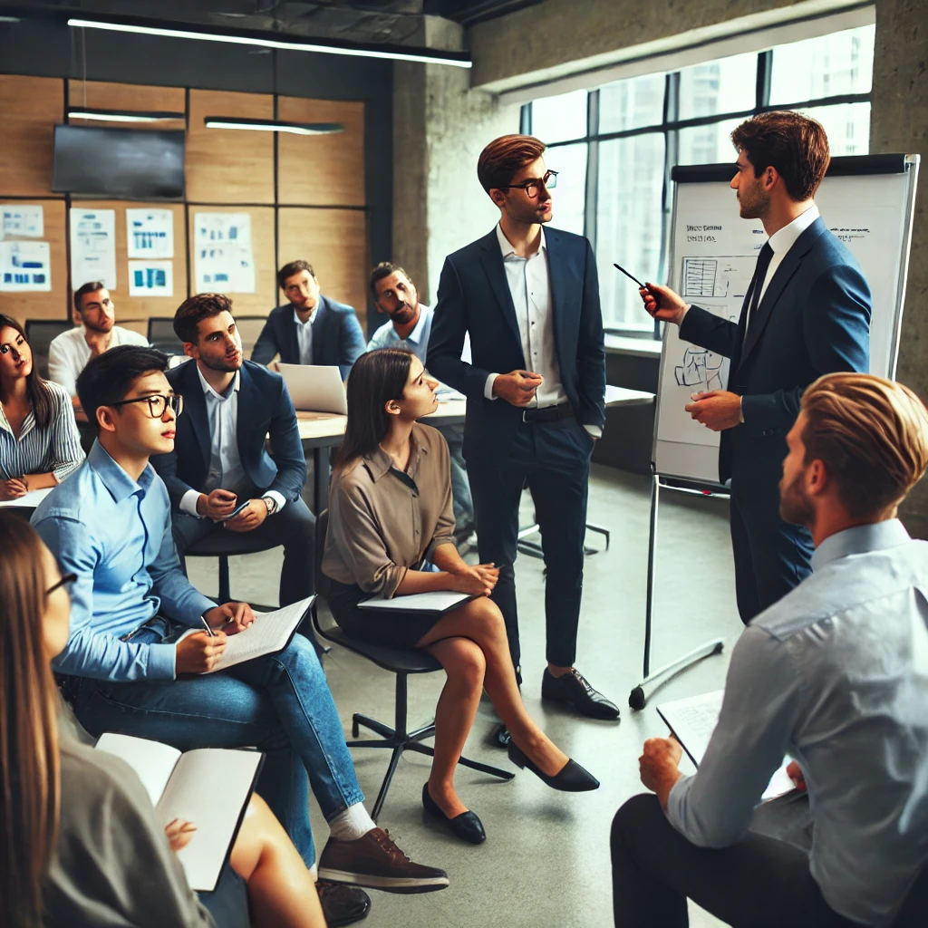 A professional office training session with a mentor guiding a group of young employees who are engaged, taking notes, and discussing career development.