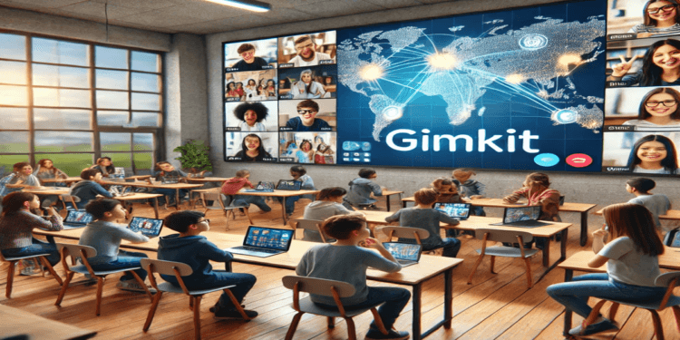 A virtual classroom scene showing students from different countries collaborating through video calls, using Gimkit on their devices, with a digital world map in the background representing global connections