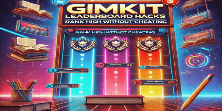 Gimkit leaderboard hacks for ranking high in competitive games. Digital leaderboard design with educational elements.