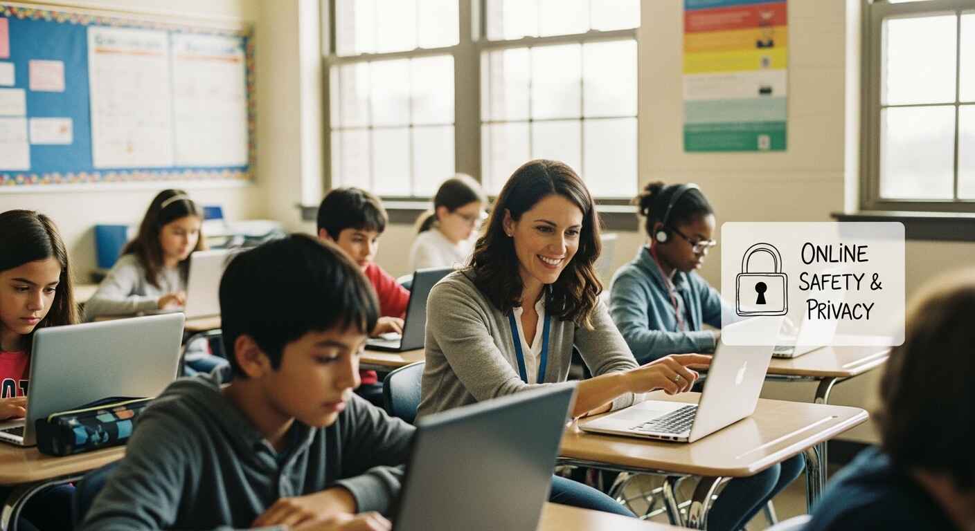 Illustration of a teacher ensuring student online privacy under COPPA law in the U.S., focusing on safe classroom technology use.