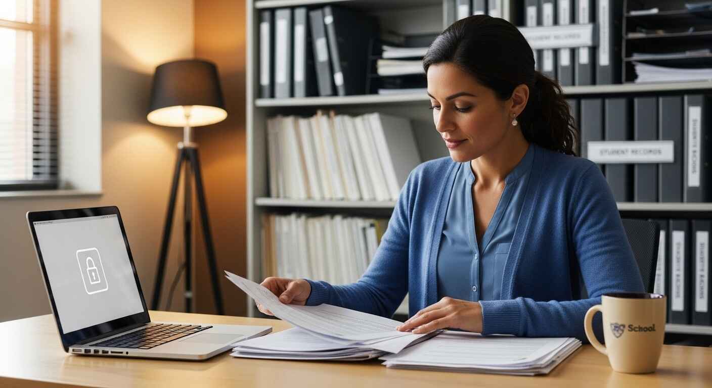 A teacher in a U.S. classroom safeguarding student data, symbolizing FERPA compliance and privacy in education.