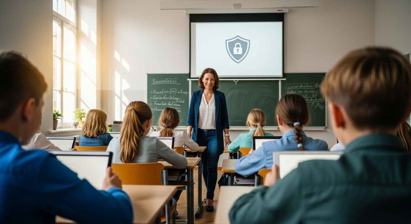 European teacher using classroom technology while ensuring GDPR data privacy compliance for students.