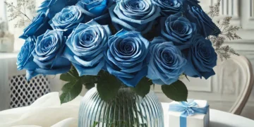 A beautiful bouquet of deep blue roses arranged in an elegant glass vase on a white marble table, symbolizing mystery and uniqueness. Perfect for luxury floral decor