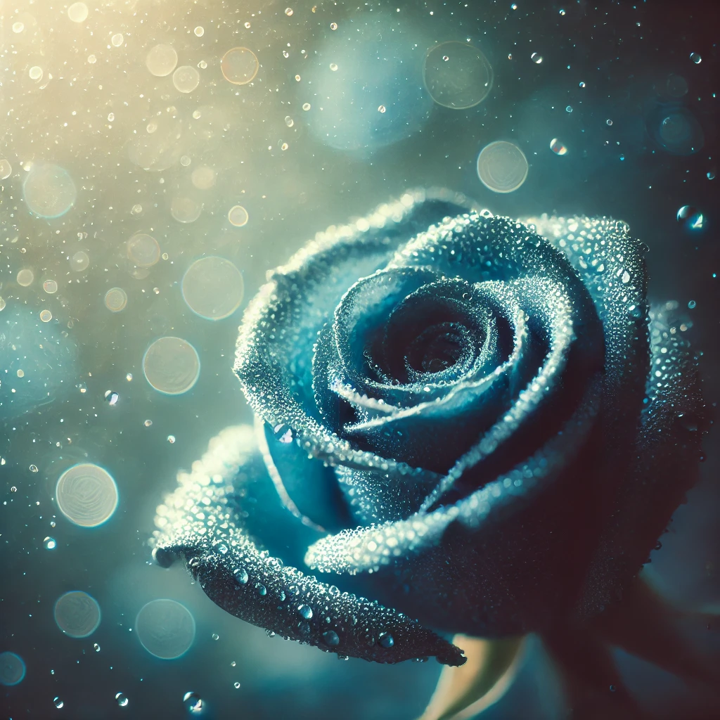 A close-up of a single deep blue rose with delicate petals and tiny water droplets, symbolizing mystery, rarity, and the unattainable