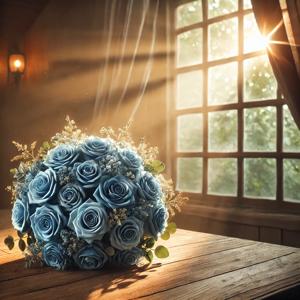 A beautifully arranged bouquet of blue roses placed on a wooden table near a window with golden sunlight streaming in, symbolizing deep emotions, individuality, and mystery.