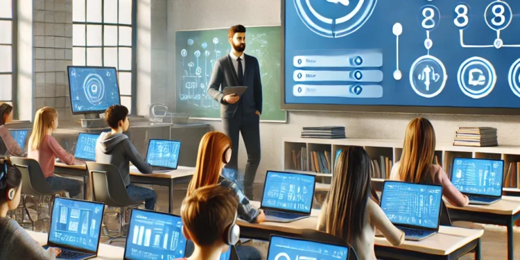 A modern classroom where students use laptops while a teacher monitors a large screen displaying an interactive quiz game interface, representing the integration of Gimkit with an LMS like Google Classroom or Canvas