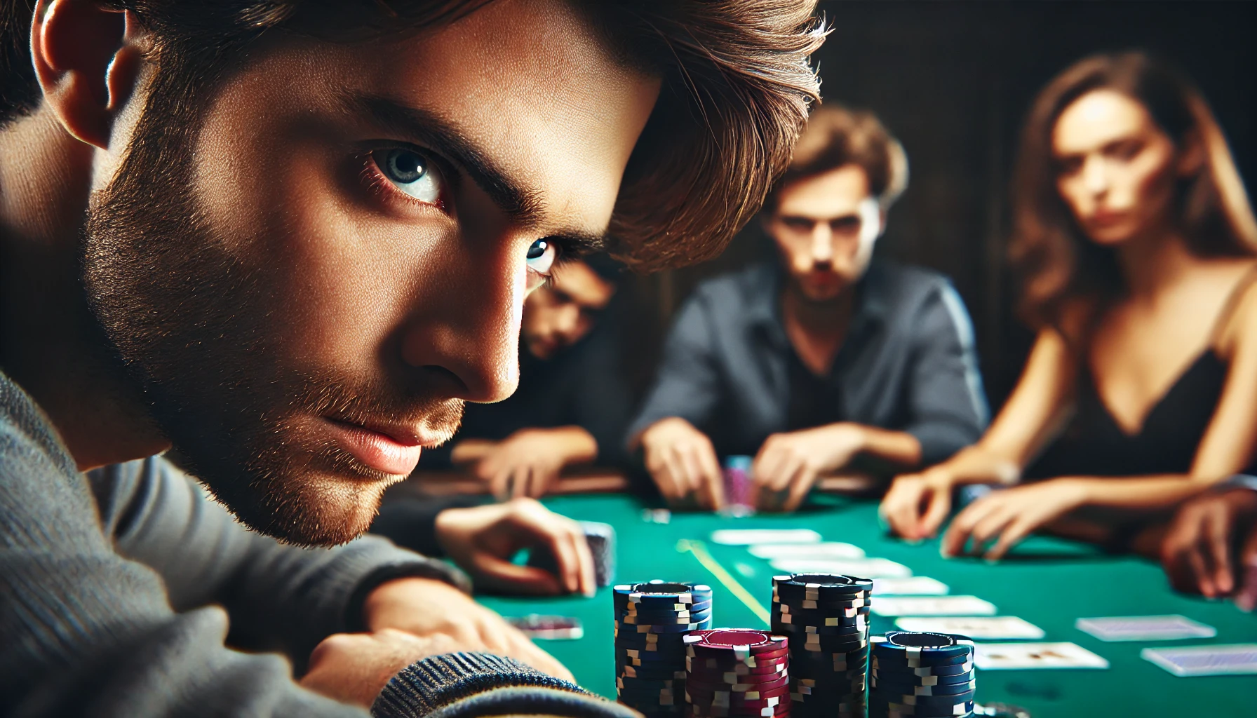 Close-up of a poker player observing an opponent with intense concentration, paying attention to their betting pattern and physical tells
