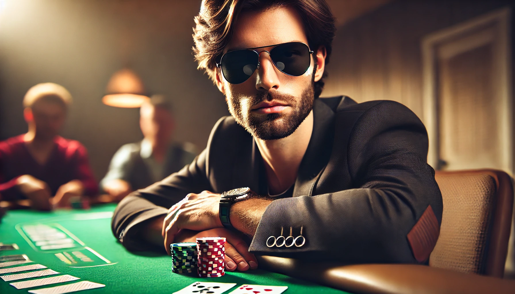 A poker player with a neutral expression and sunglasses, maintaining a controlled poker face while playing a hand of cards