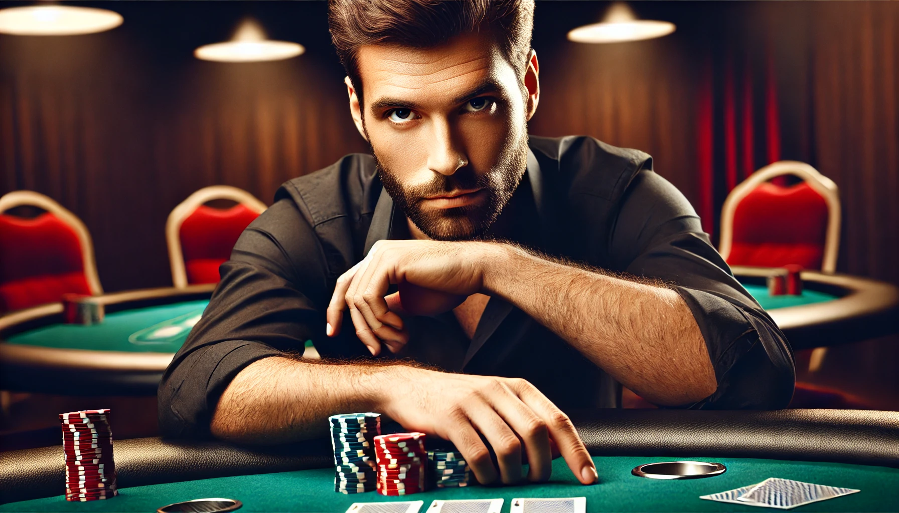 A poker player making a confident bluff at the table, with a deliberate look and strategic chip bet