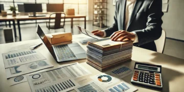 A business professional reviewing direct mail brochures and campaign data on a desk, with a laptop showing analytics in a bright office.
