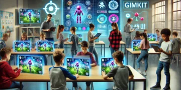 Futuristic classroom with students using tablets and laptops to play an educational game like Gimkit, featuring holographic displays and a digital game interface