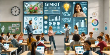 A tech-savvy classroom with students and teachers using tablets and interactive screens to explore Gimkit's new features including collaboration, analytics, and accessibility tools.