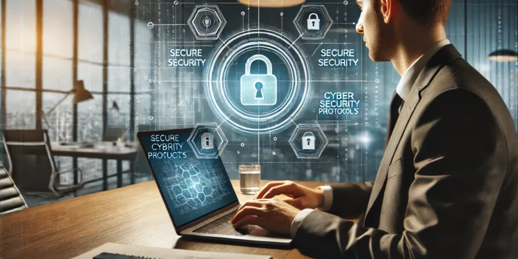 A high-tech image of a real estate agent reviewing digital documents with secure cyber security protocols on a laptop screen