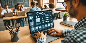 A teacher reviewing Gimkit's privacy and security settings on a laptop, ensuring student data protection in an educational environment