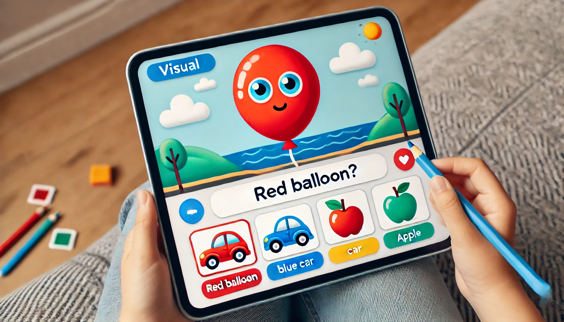 It shows a visual question on Gimkit for young learners, with a colorful image of a red balloon and options for preschoolers to choose from, promoting visual learning