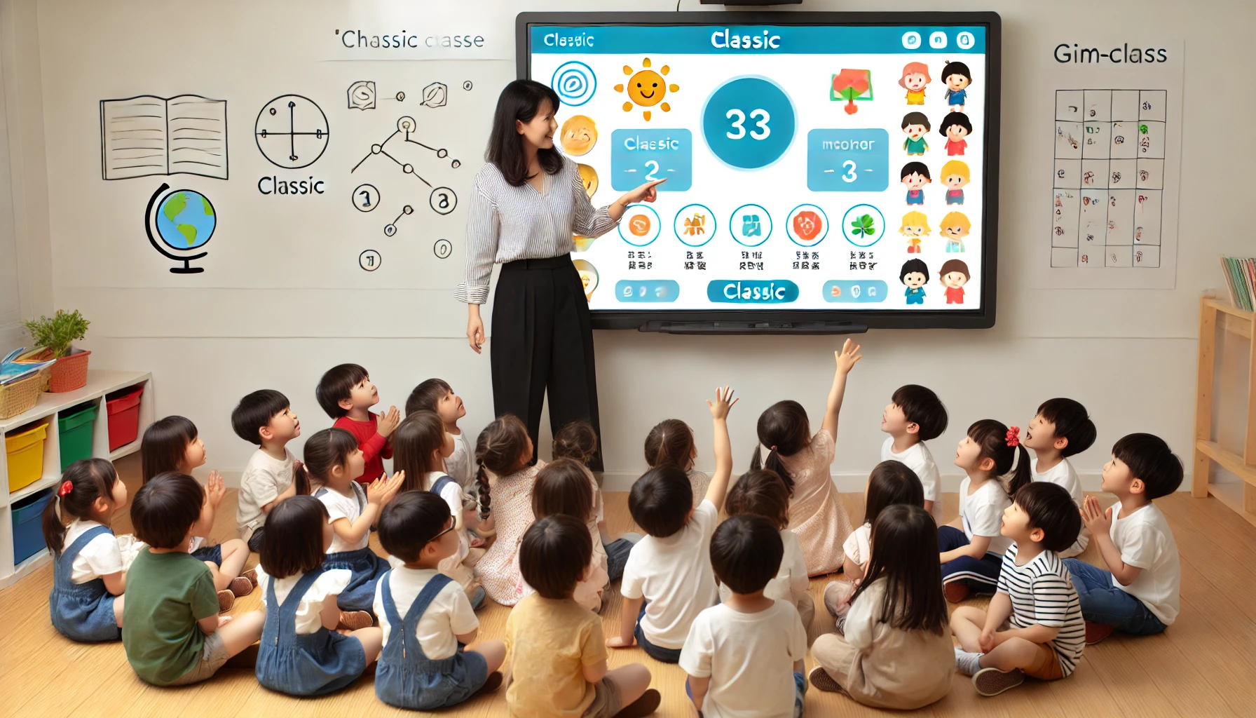 a preschool teacher leading a whole-class interactive Gimkit game, with children excitedly answering questions together while the teacher guides them