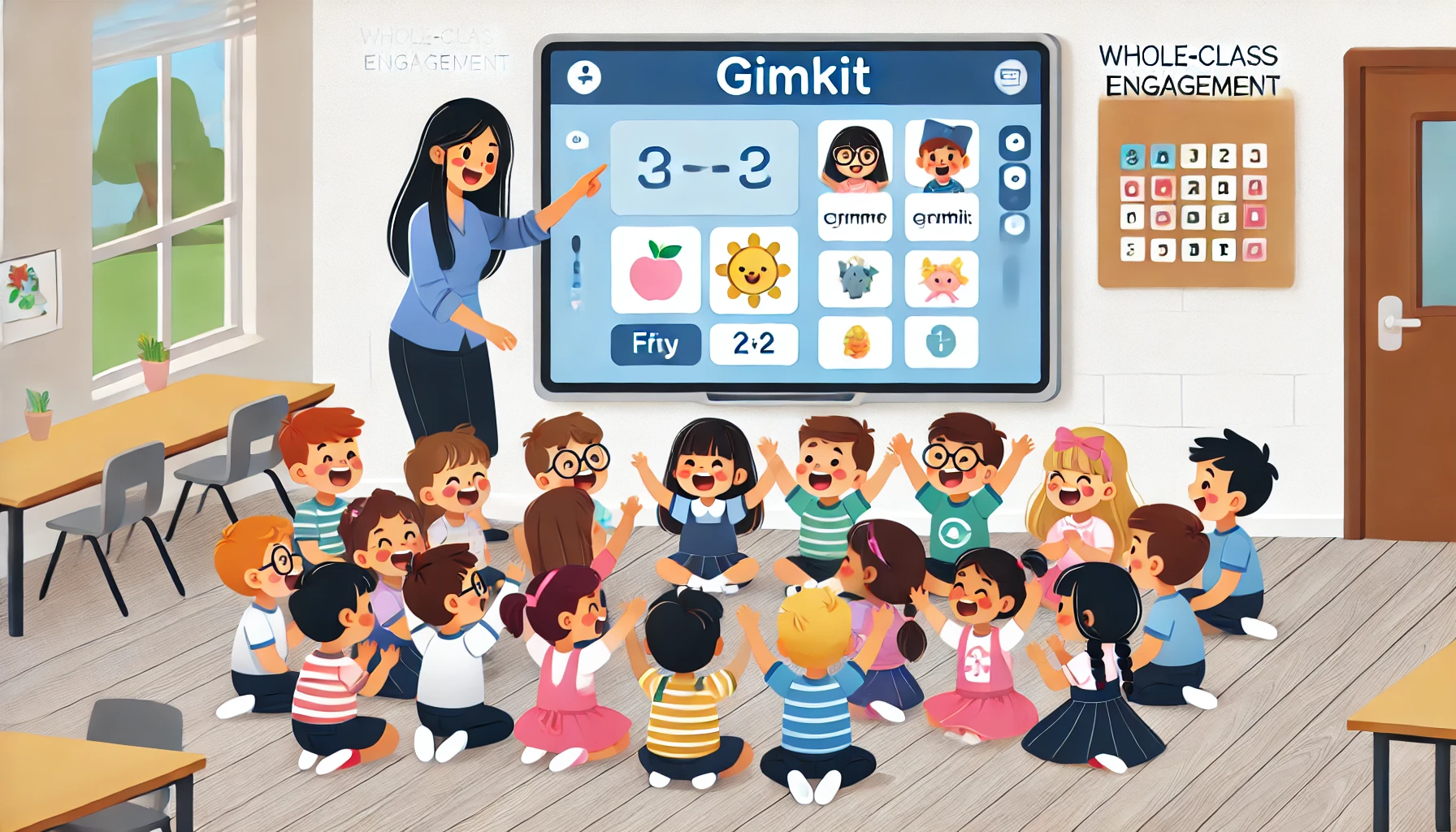 a group of preschoolers sitting on the floor, actively participating in a whole-class activity using an interactive whiteboard with the teacher guiding them through the Gimkit game