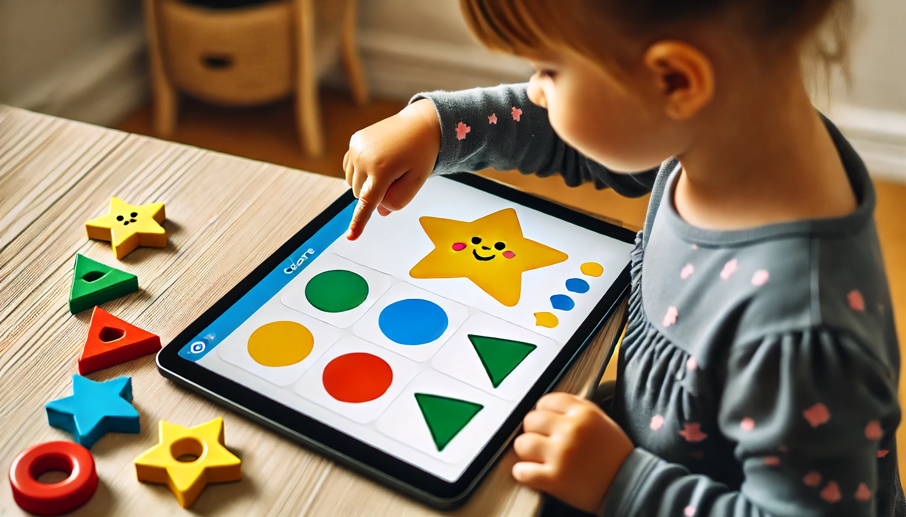 a preschooler excitedly participating in a color and shape recognition game on Gimkit, identifying the correct shape and color on the screen