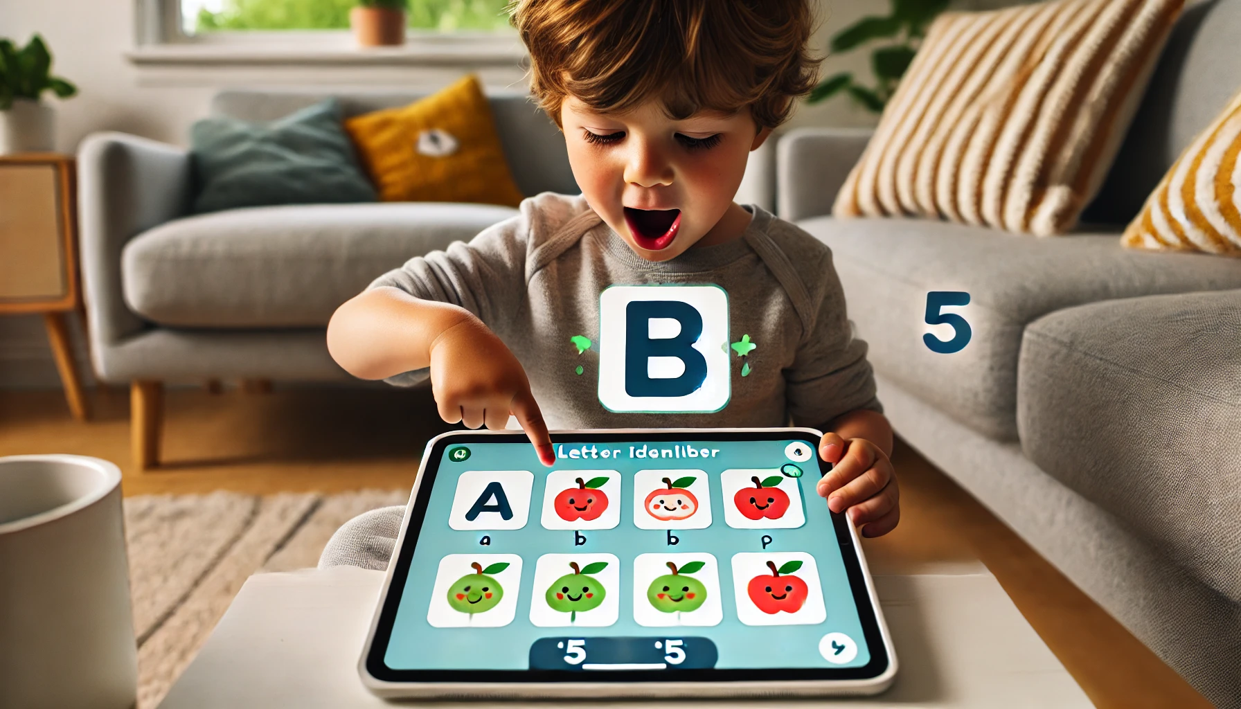 a preschooler excitedly participating in a letter and number identification game on Gimkit, shouting out the correct answers for letters and numbers displayed on the screen