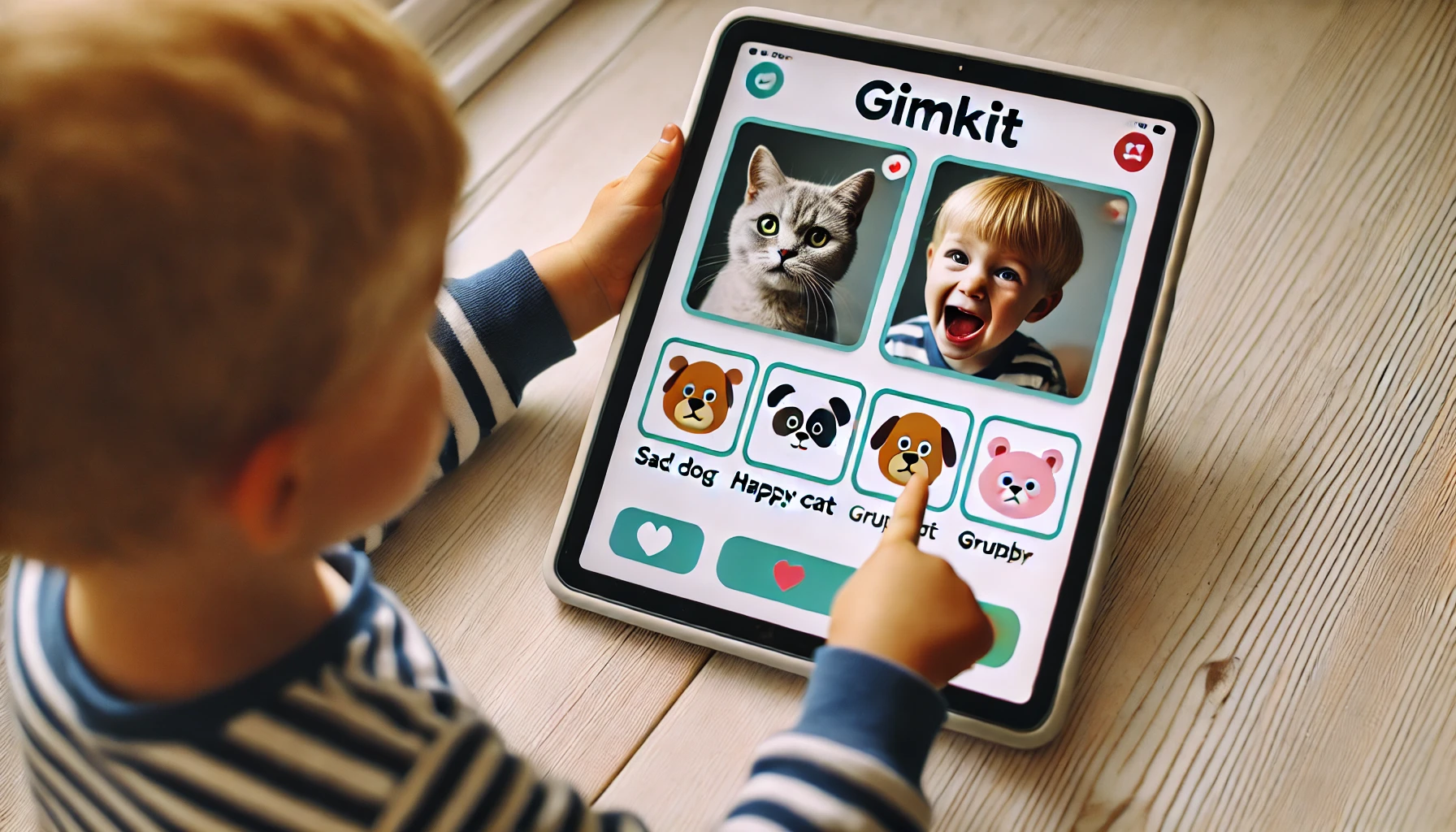 a preschooler engaged in a picture matching activity on Gimkit, where they match a happy cat with the correct image on the screen