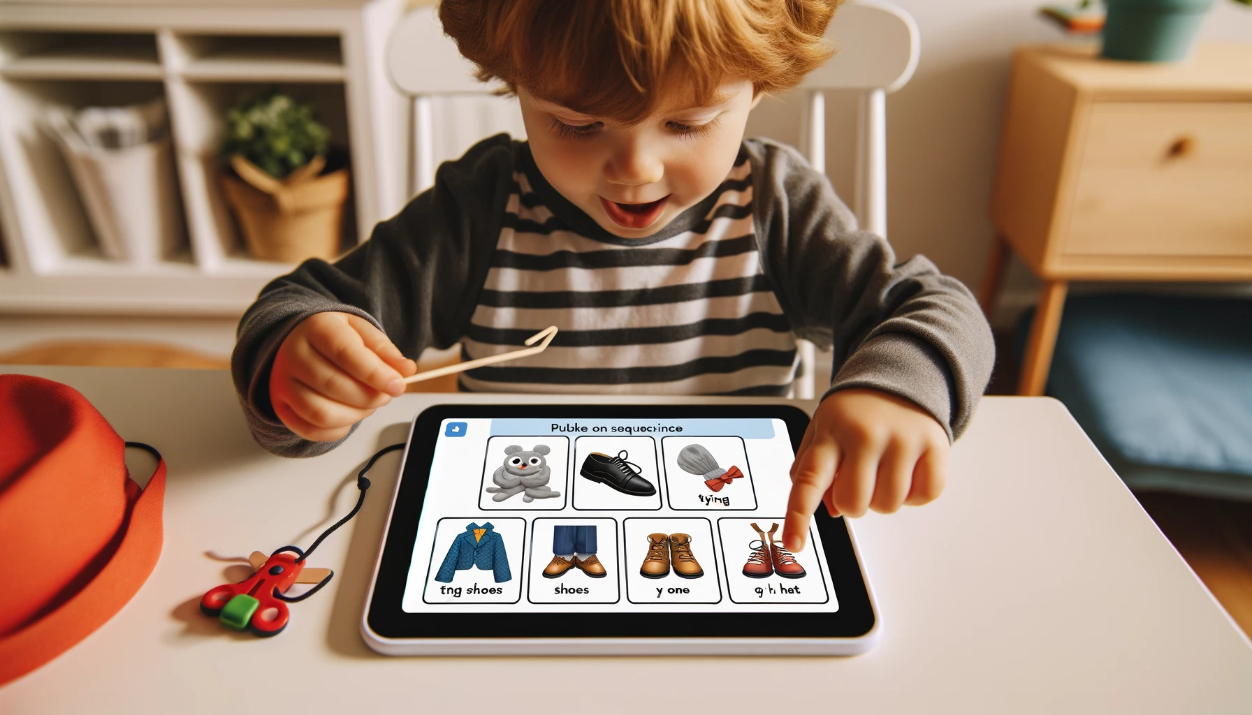 a preschooler playing a sequencing game on Gimkit, where they match the correct order of steps, like putting on shoes, tying shoes, and putting on a hat
