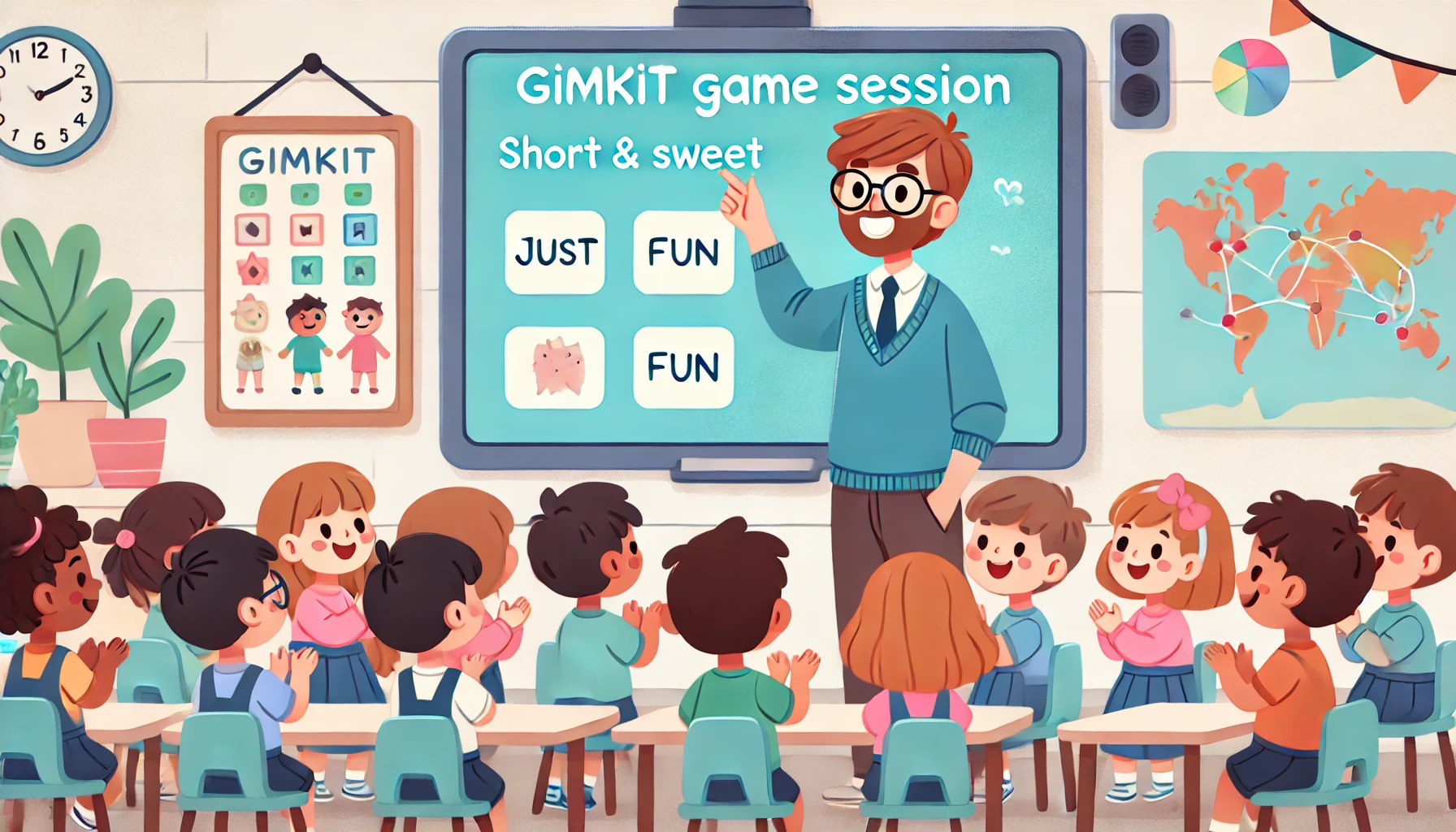 a preschool teacher keeping the Gimkit game session short and engaging for the young learners with simple questions on the interactive whiteboard