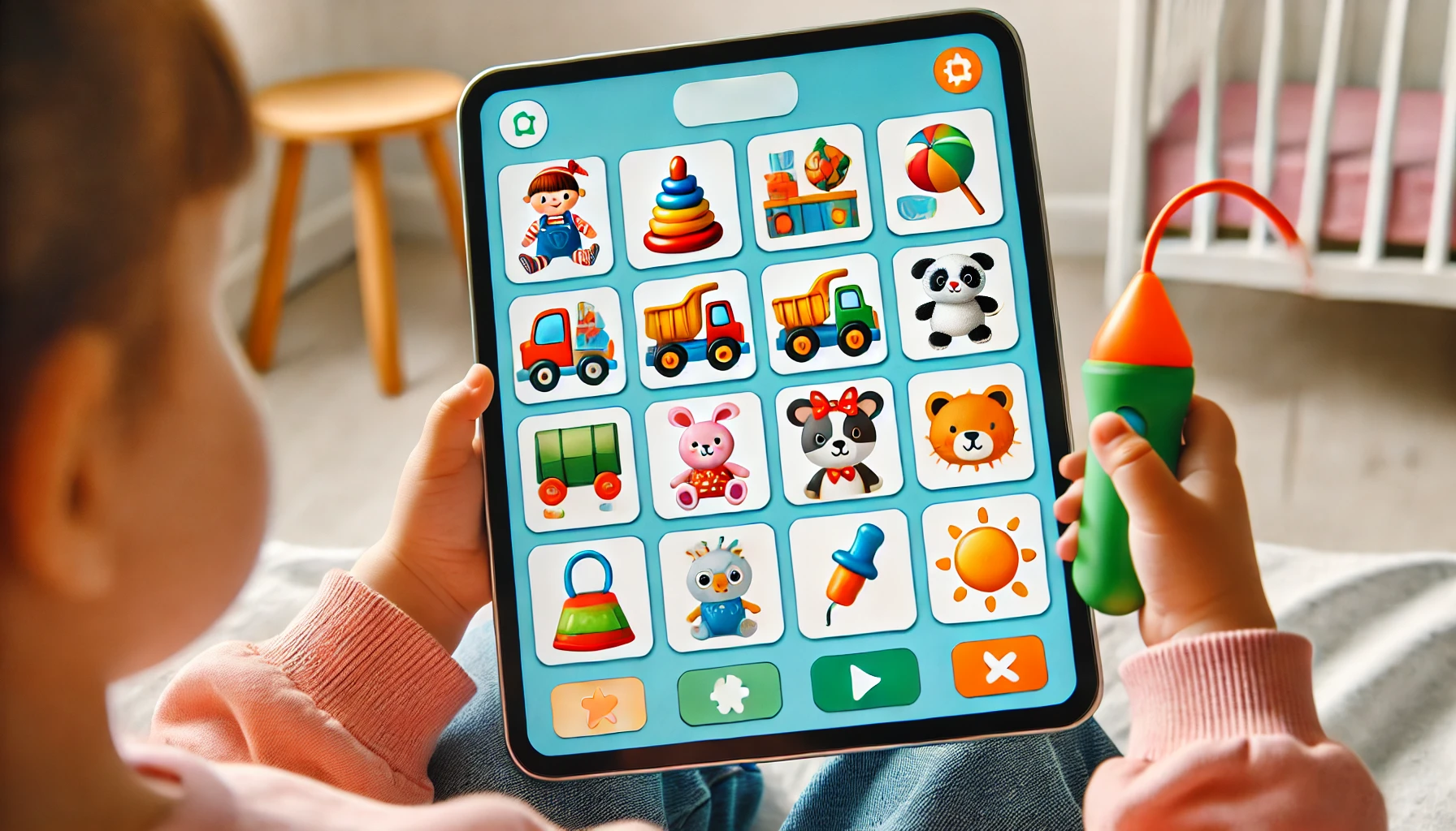 a preschool game on Gimkit with bright and simple visuals, featuring large, easy-to-see pictures of everyday objects like toys, animals, or food for young learners