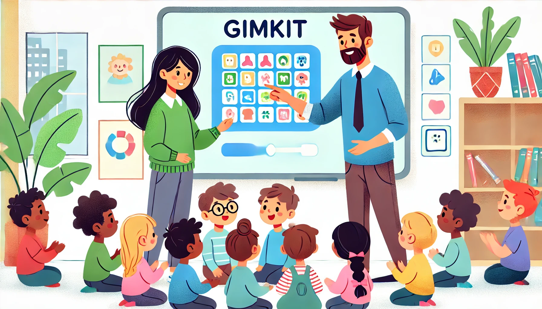 a preschool teacher leading a whole-class activity on Gimkit, explaining the game steps while the children enthusiastically participate