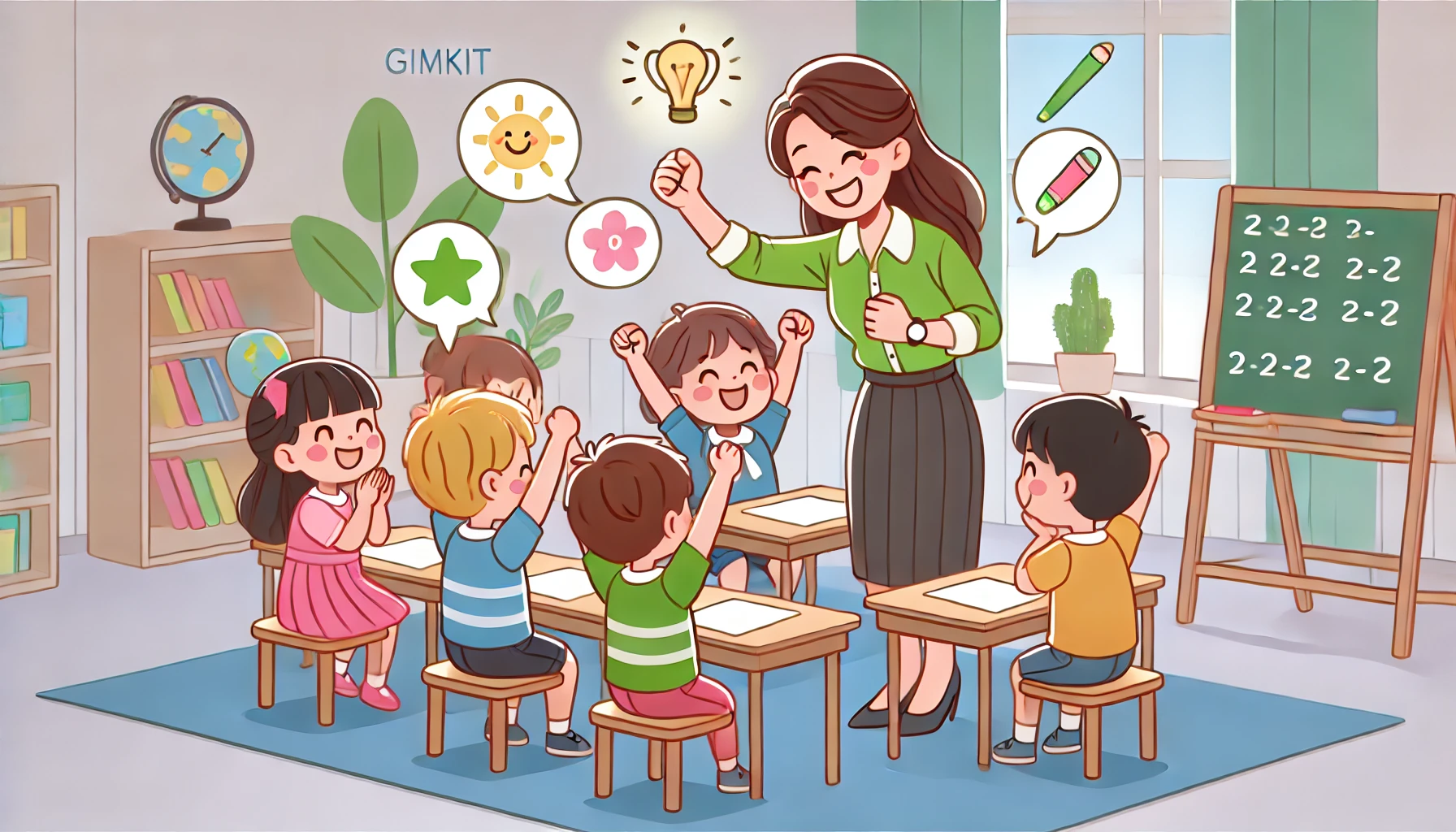 a preschool teacher using positive reinforcement and encouragement during a Gimkit game, cheering and praising the students as they answer questions correctly, fostering a fun and supportive learning environment