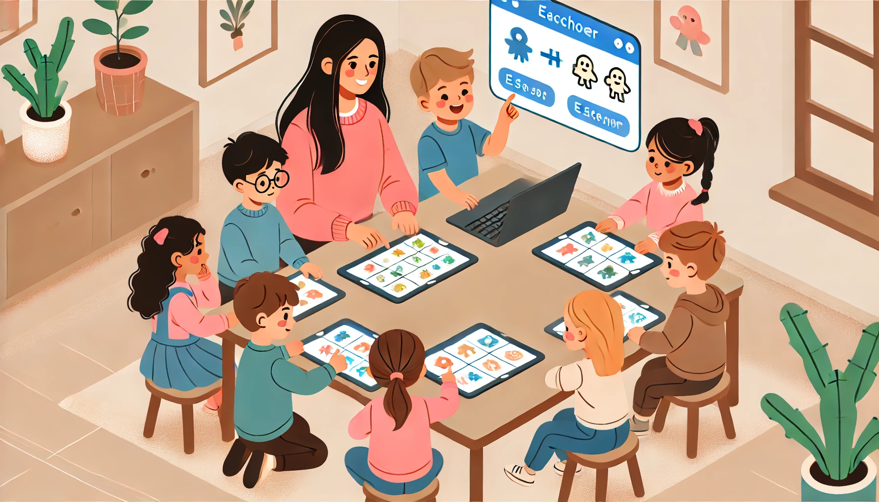 a group of preschoolers actively participating in a teacher-led game on Gimkit. The children are working together, with the teacher guiding the game, emphasizing teamwork and group participation.