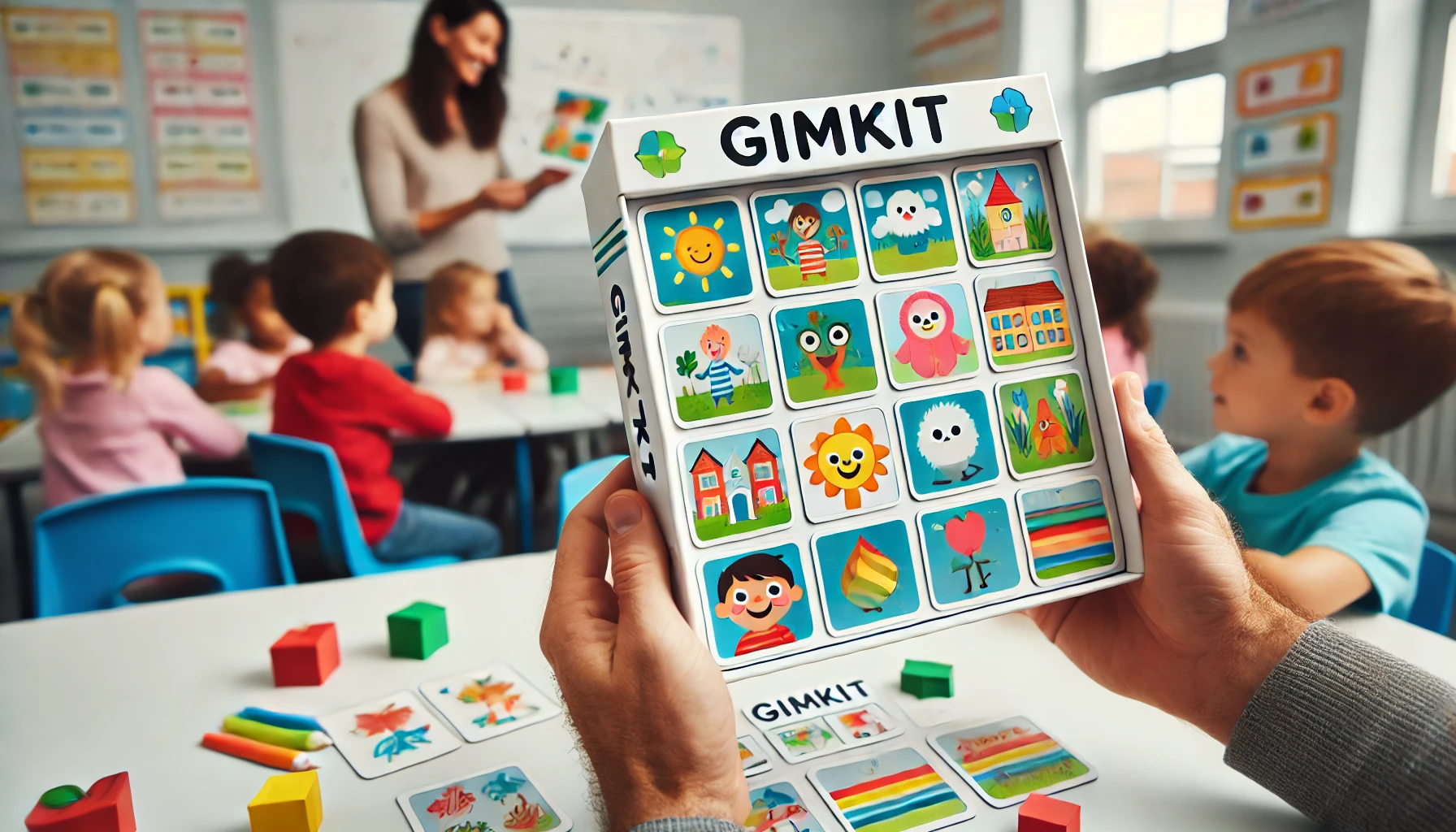 a preschool classroom where the teacher is using a Gimkit game with bright pictures and simple words, emphasizing visual learning for young learners