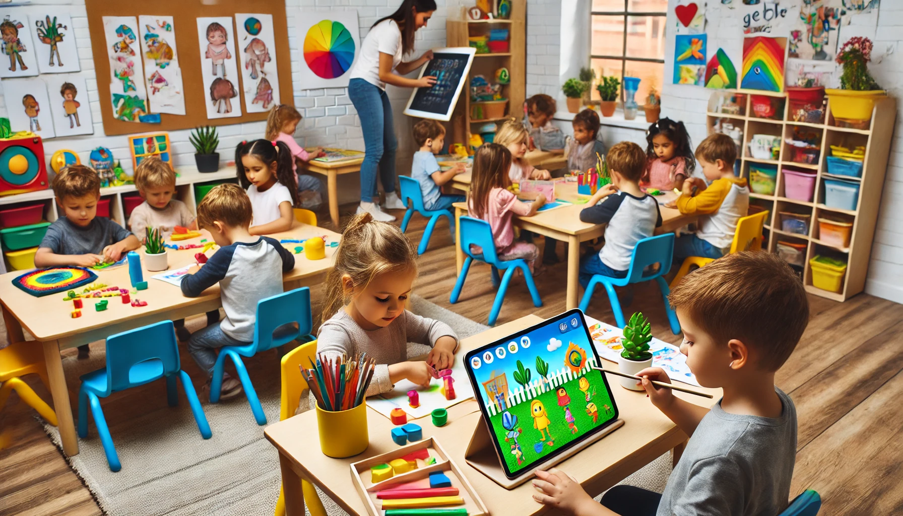 a preschool classroom where children are engaging in both screen-based activities, like Gimkit, and physical hands-on tasks, emphasizing a healthy balance between screen time and other activities