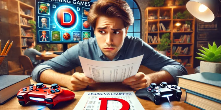 Student staring at a test paper with a ‘D’, feeling frustrated, while game-based learning tools are visible in the background, showcasing how gamification can help overcome test anxiety.