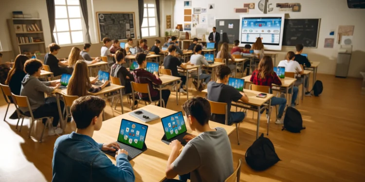 A high school classroom with students using Gimkit on their laptops and tablets, creating an engaging and interactive learning environment