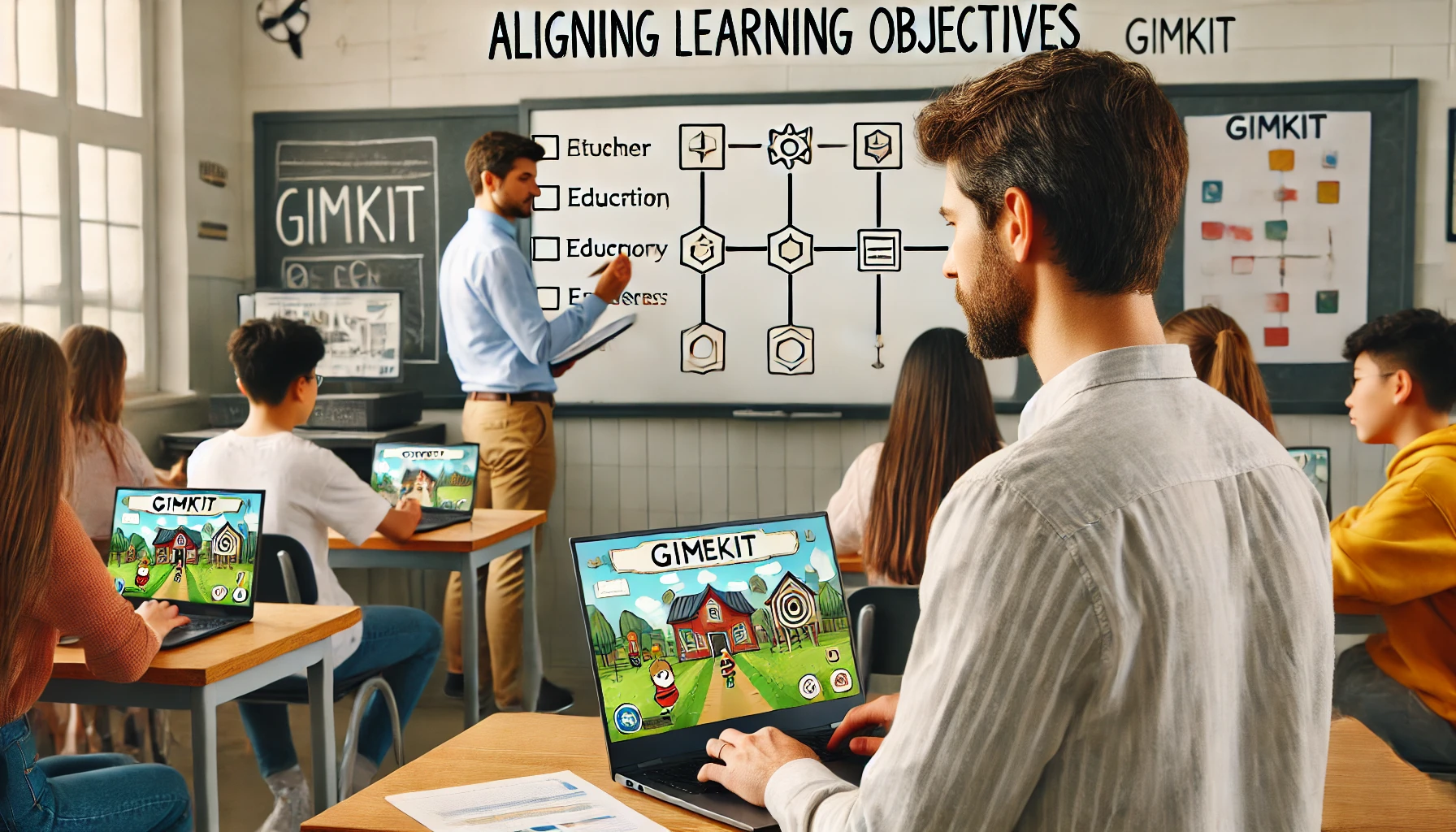 A teacher aligning learning objectives with the use of Gimkit in a high school classroom.