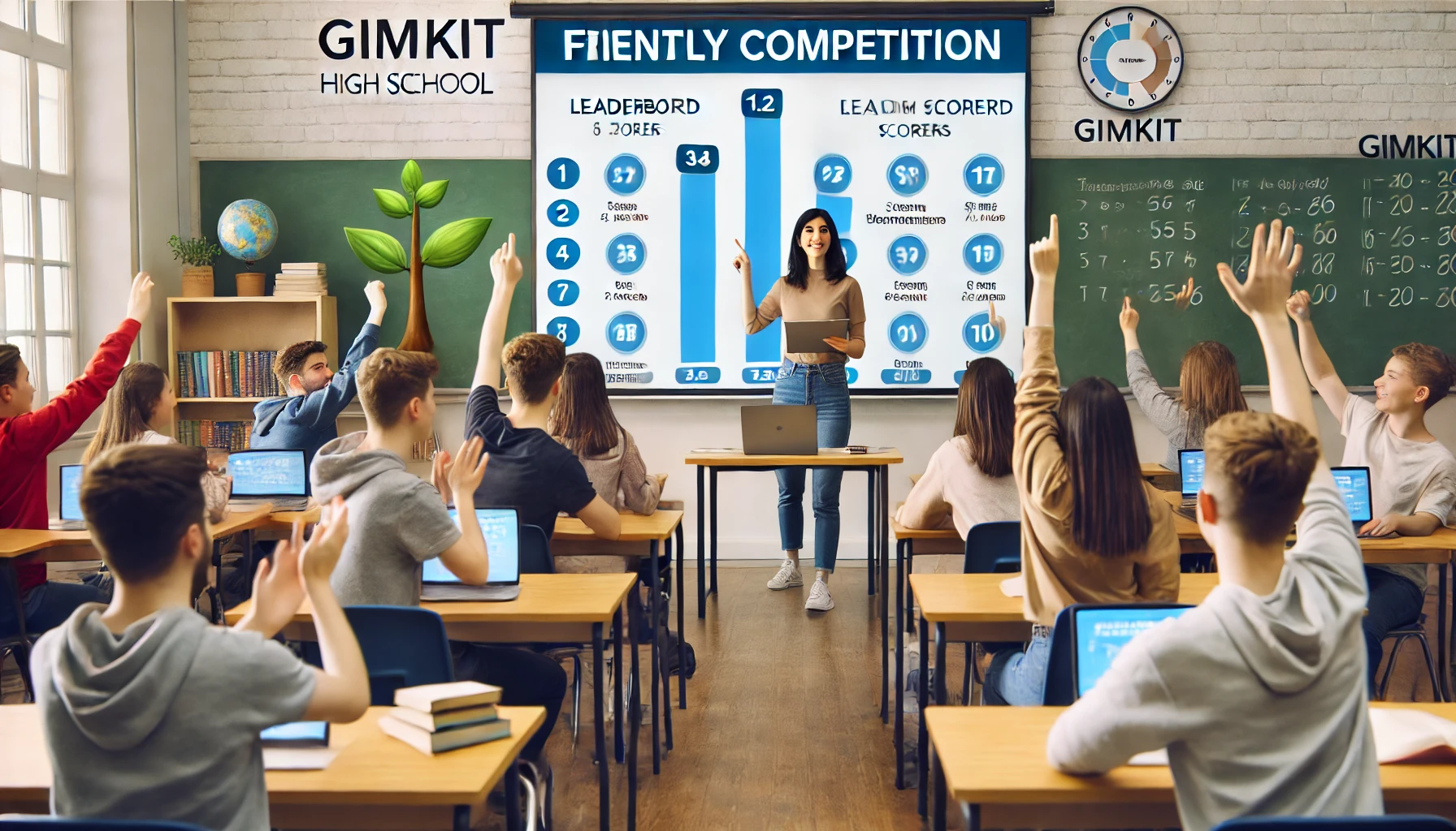 High school students competing in Gimkit, with the leaderboard showing top scorers. The teacher encourages participation and friendly competition in the classroom